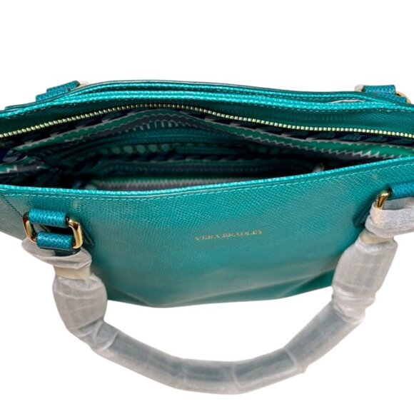 NEW Rare Vera Bradley Genuine Pebble Leather Ella Tote Purse Teal Blue Gold Gift - Picture 7 of 16